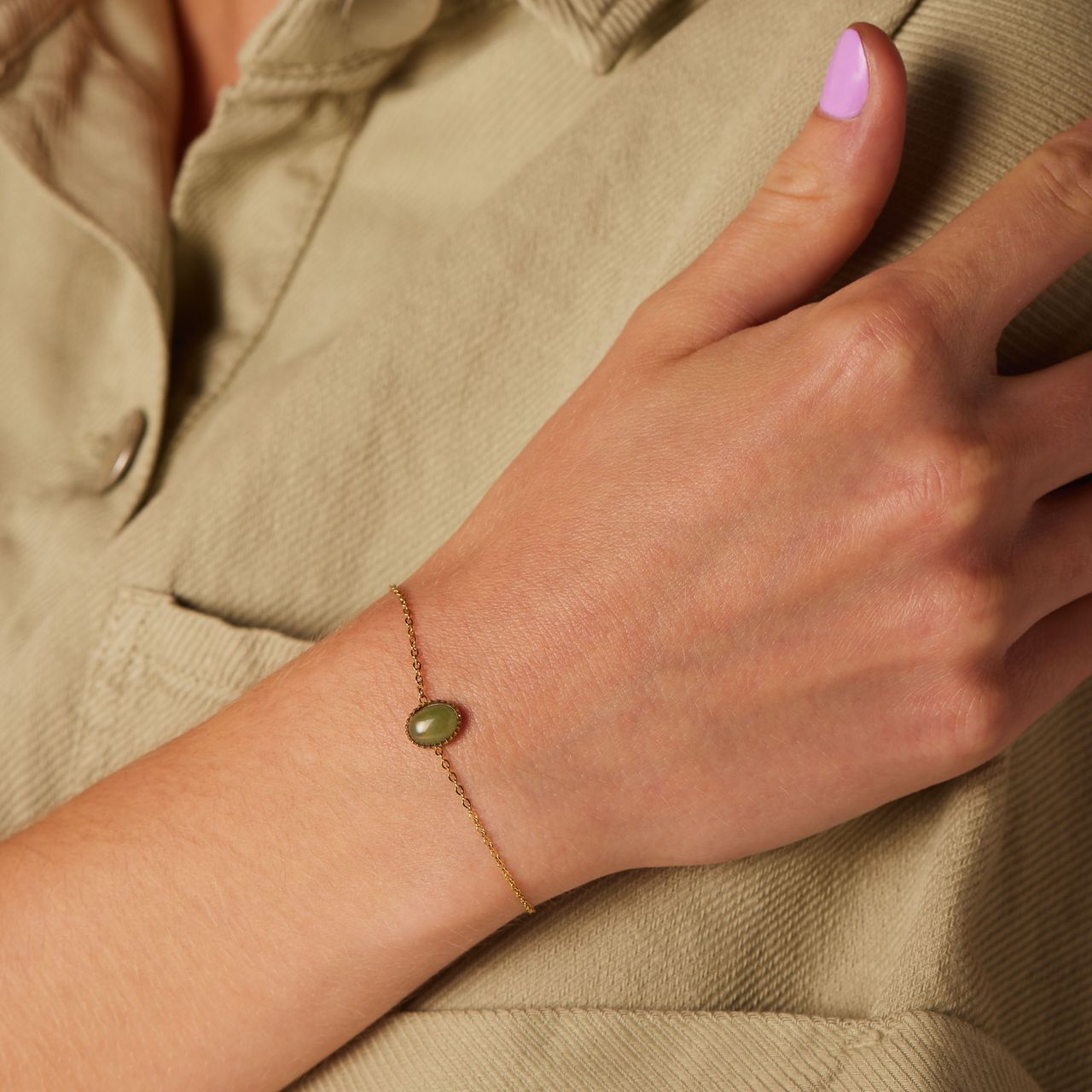 Stainless steel goldplated fantasiearmband met groene aventurijn voor dames