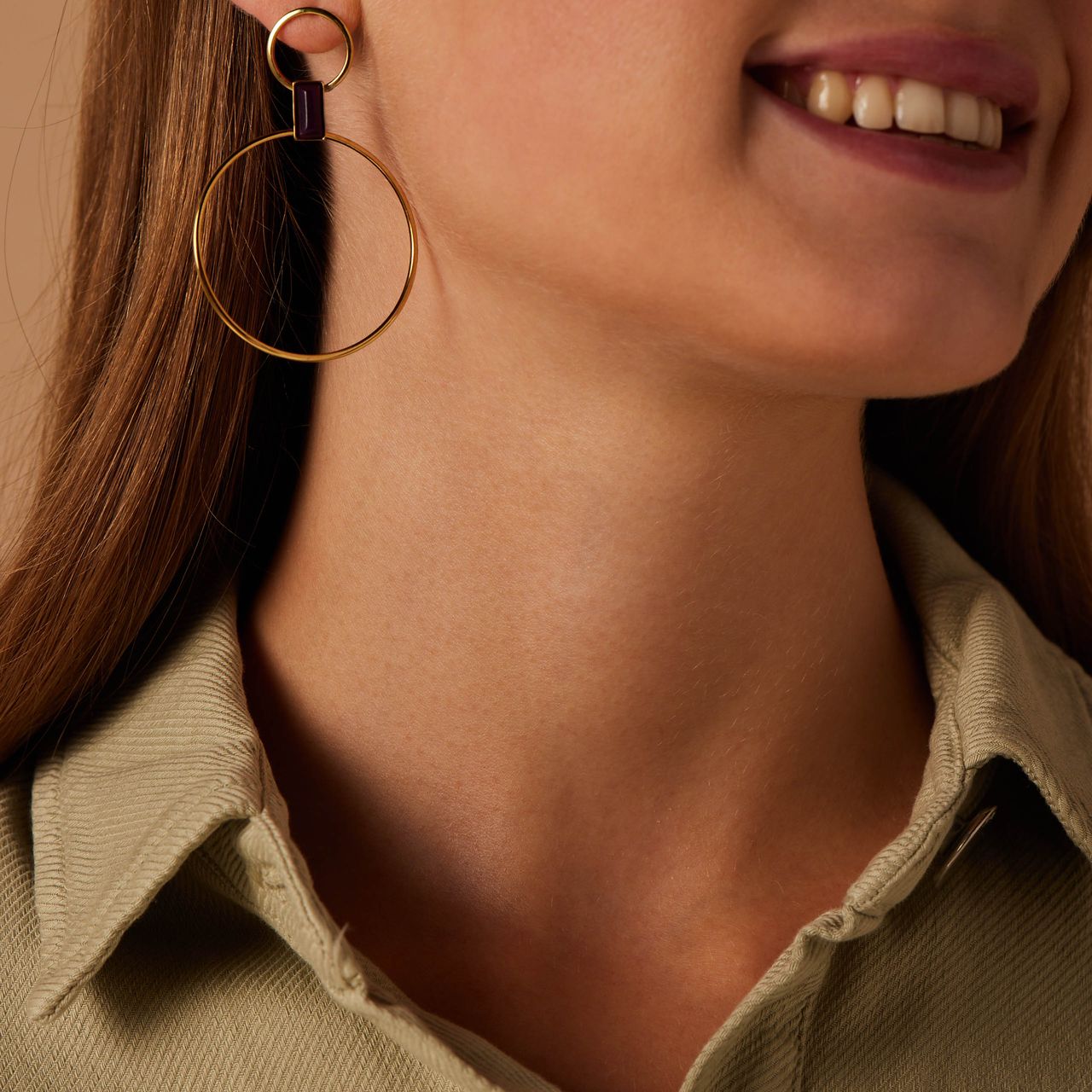 Stainless steel goldplated oorringen rond dubbel paars voor dames