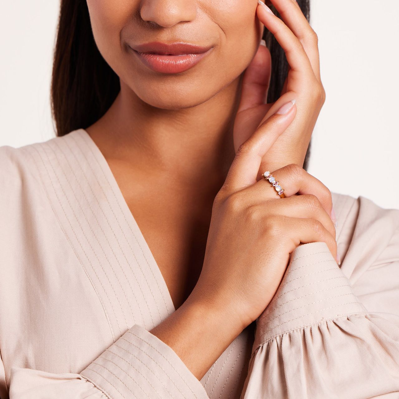 Stalen goldplated vintage ring met opaal en roze