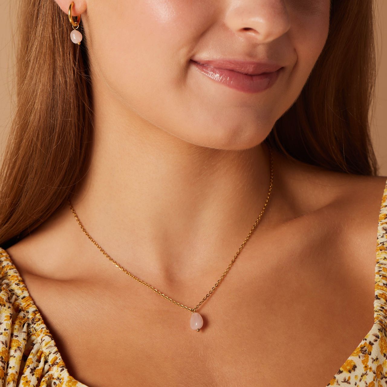 LuLu Jewels stainless steel goldplated ketting met rozenkwarts voor dames