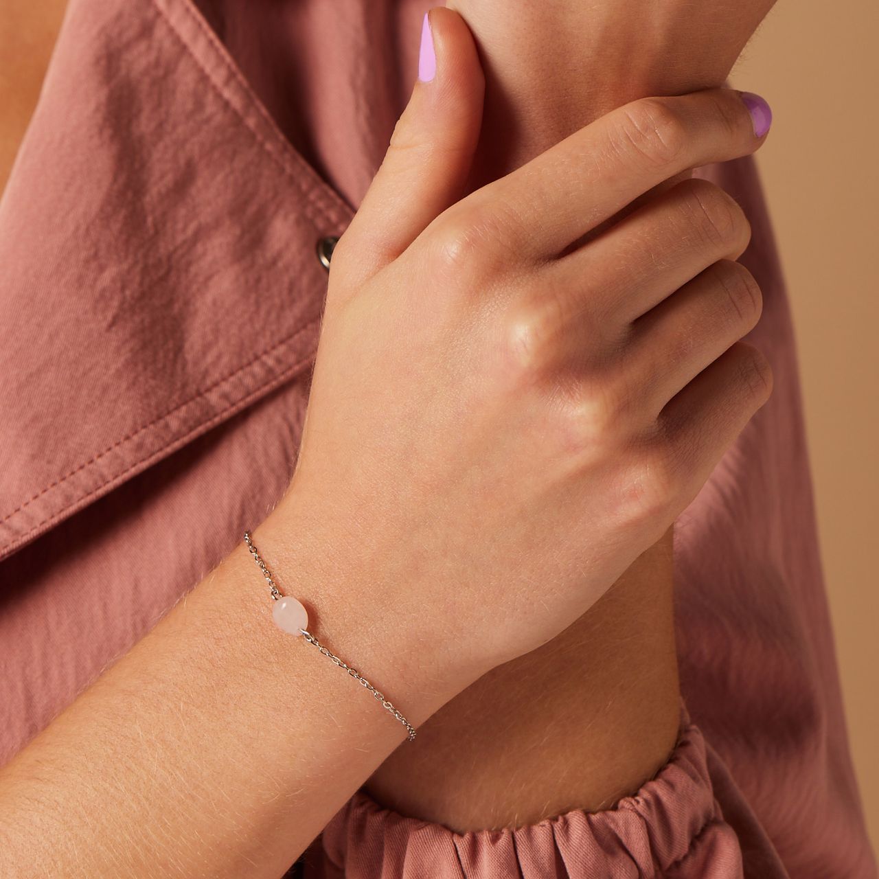 Stainless steel armband met rozekwarts
