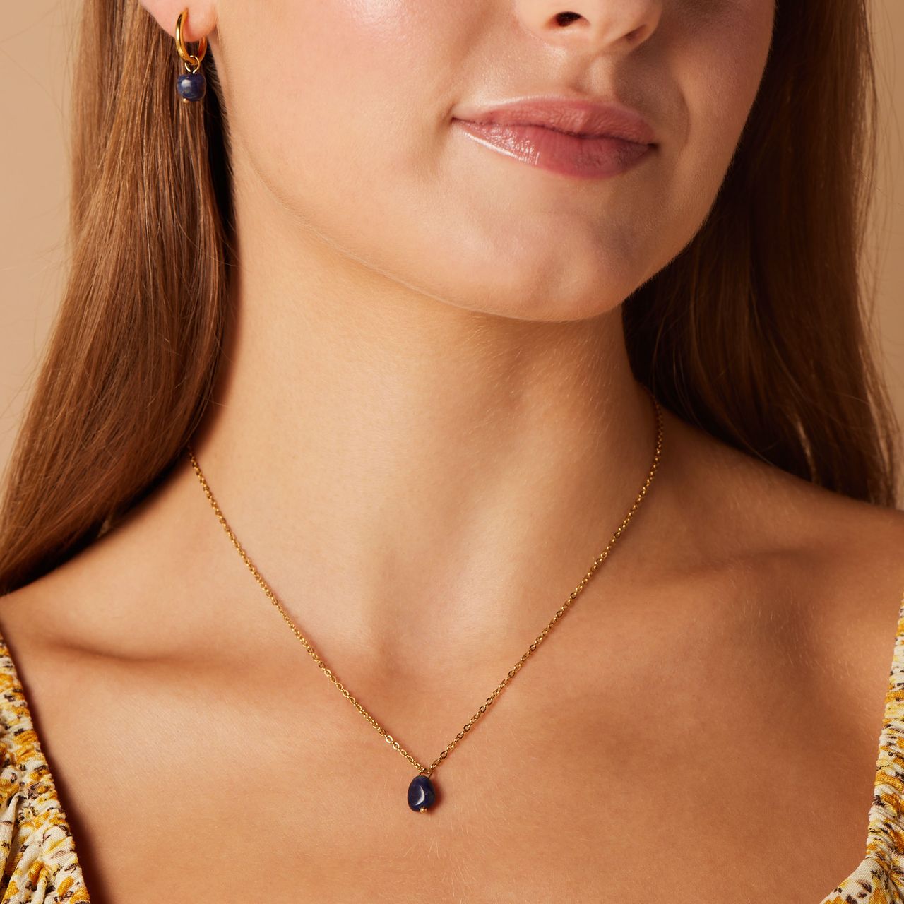 Stalen goldplated ketting met hanger met saffier voor dames