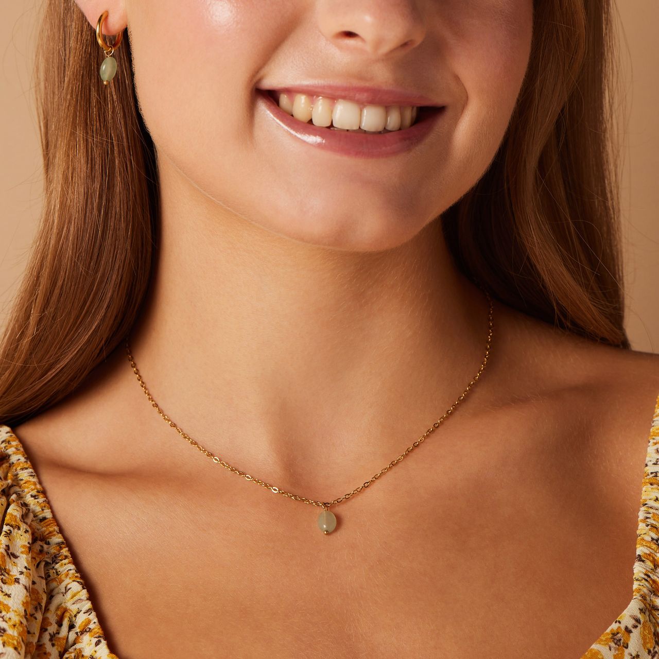 Stalen goldplated ketting met groene aventurijn voor dames