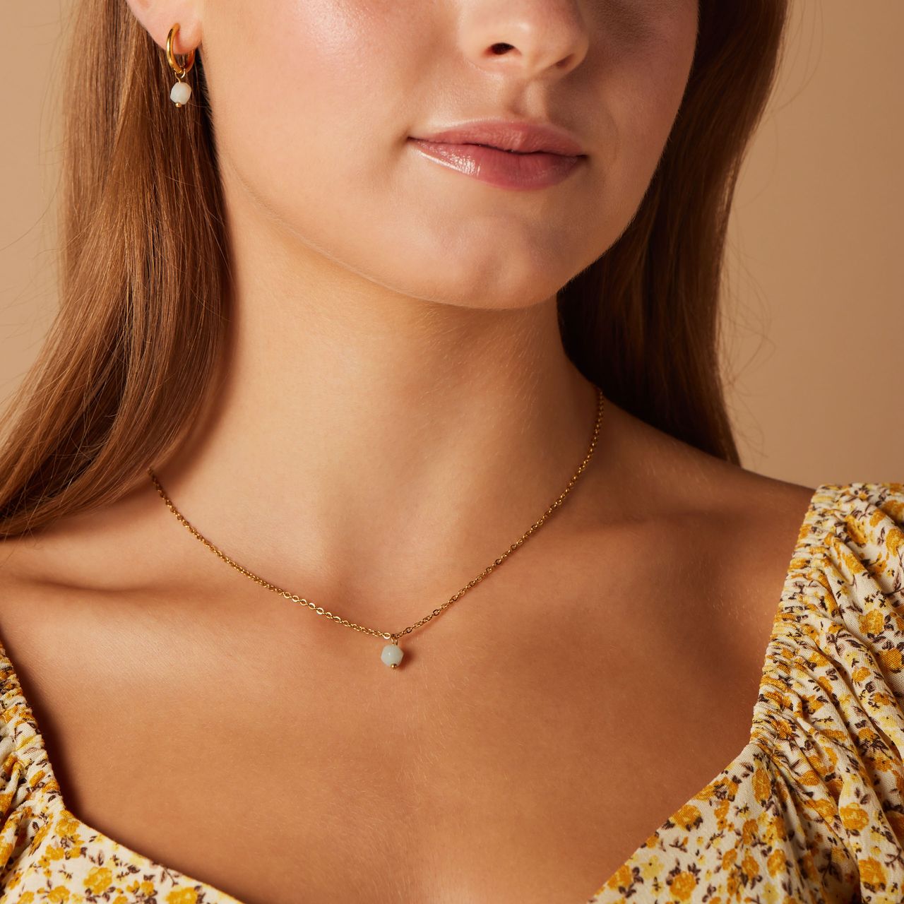 Stainless steel goldplated ketting met amazoniet voor dames