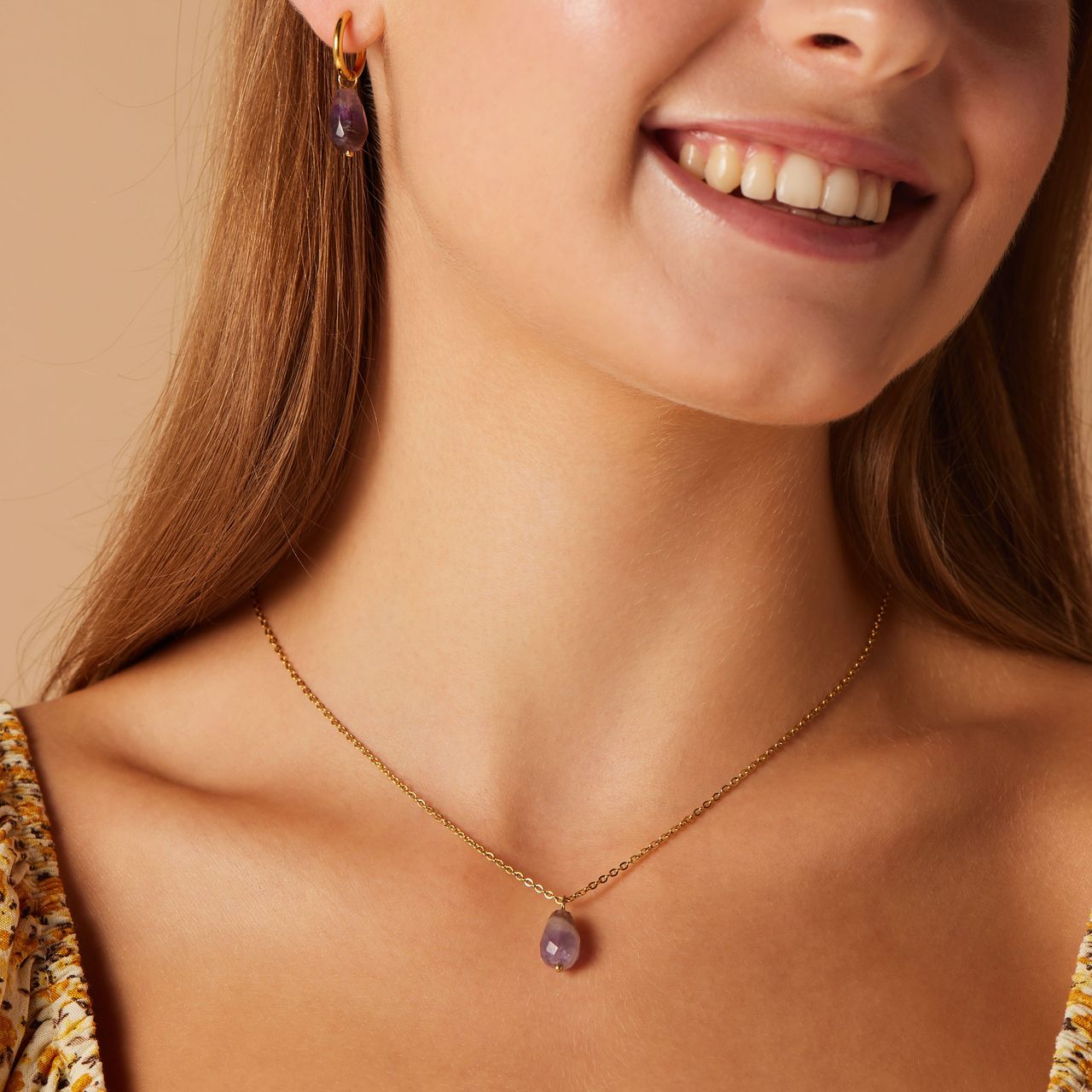 Stainless steel goldplated oorringen met amethyst voor dames