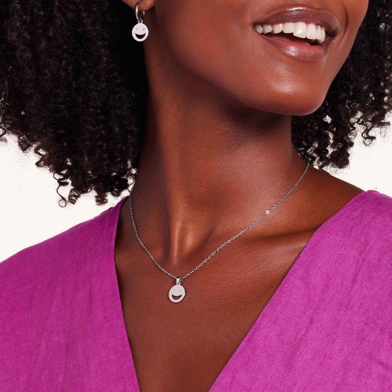 Halskette aus Edelstahl, Smiley mit rosa Zirkonia