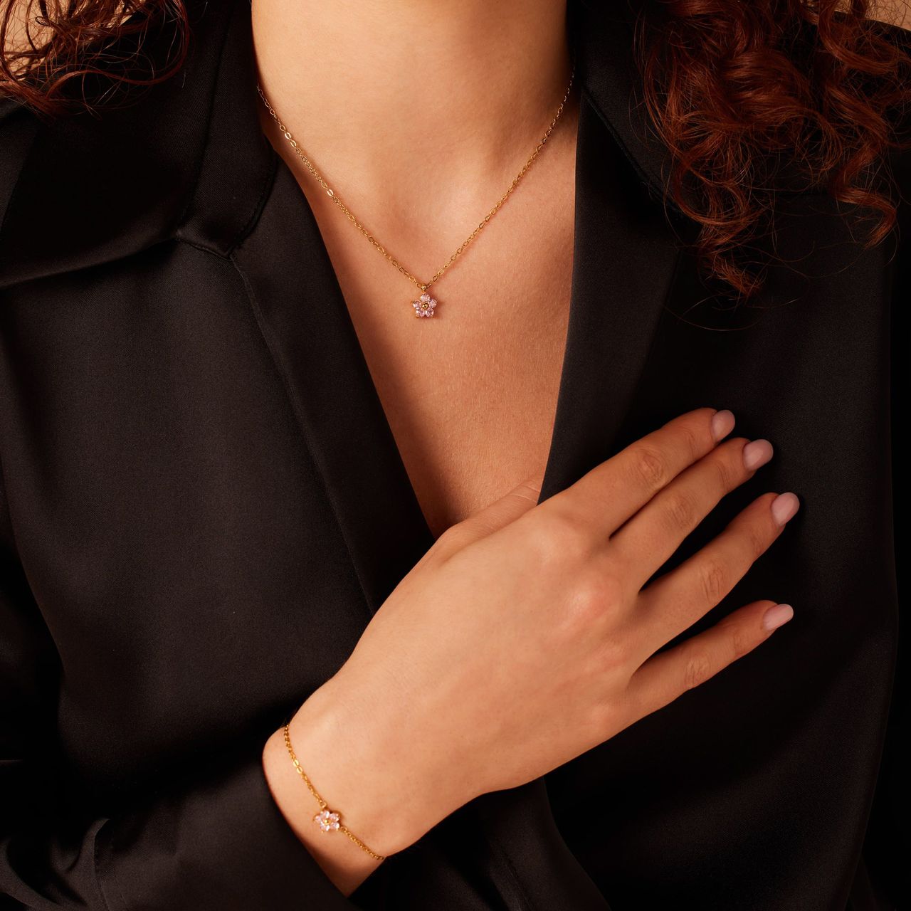 Stainless steel goldplated ketting bloem zirkonia lichtroze voor dames