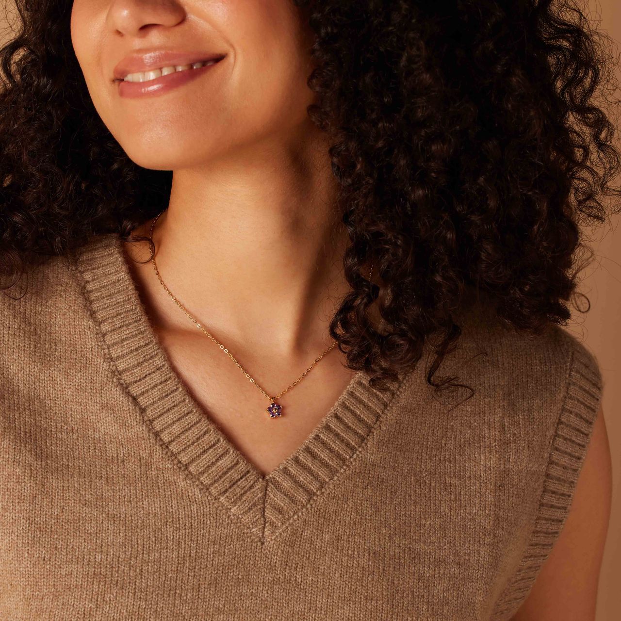 Stalen goldplated ketting bloem zirkonia paars voor dames