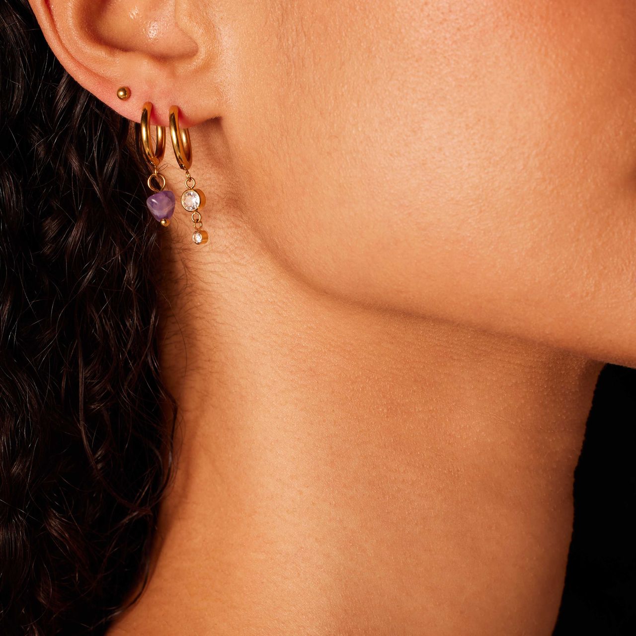 Stalen goldplated oorbellen set amethyst