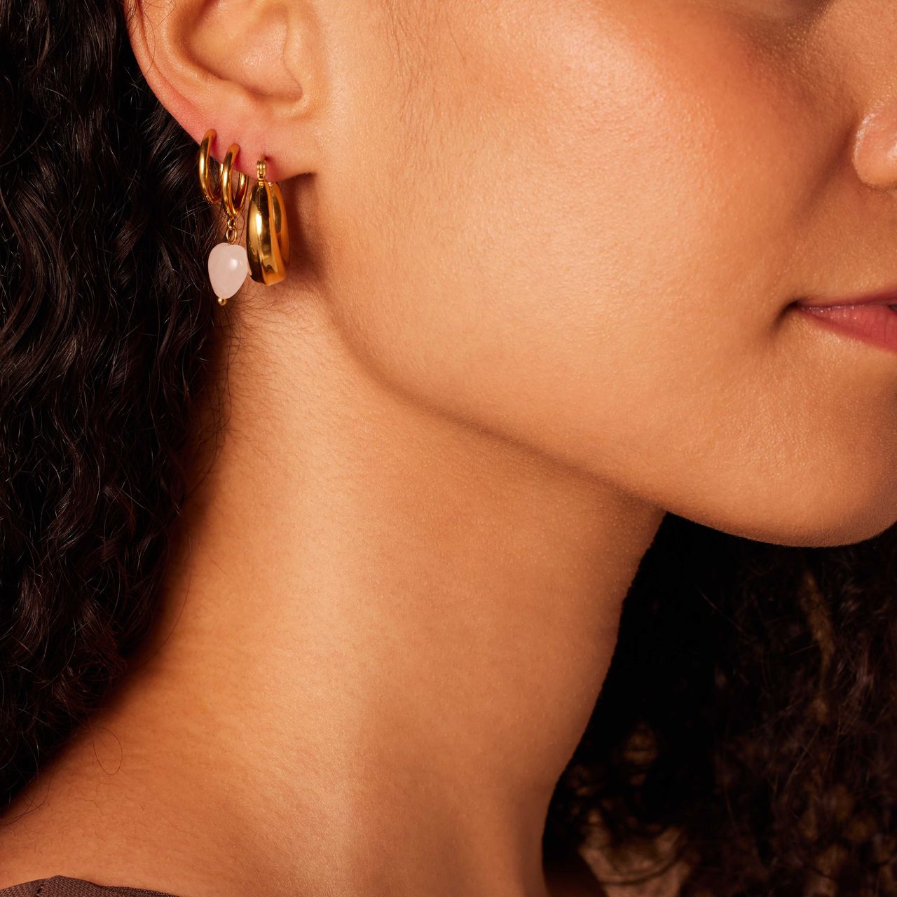 Stainless steel goldplated oorringen set met rozenkwarts voor dames