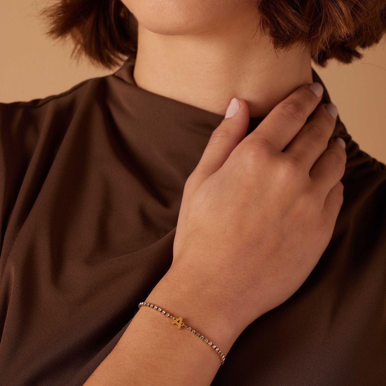 Stalen goldplated fantasiearmband met letterhanger A met zirkonia voor dames