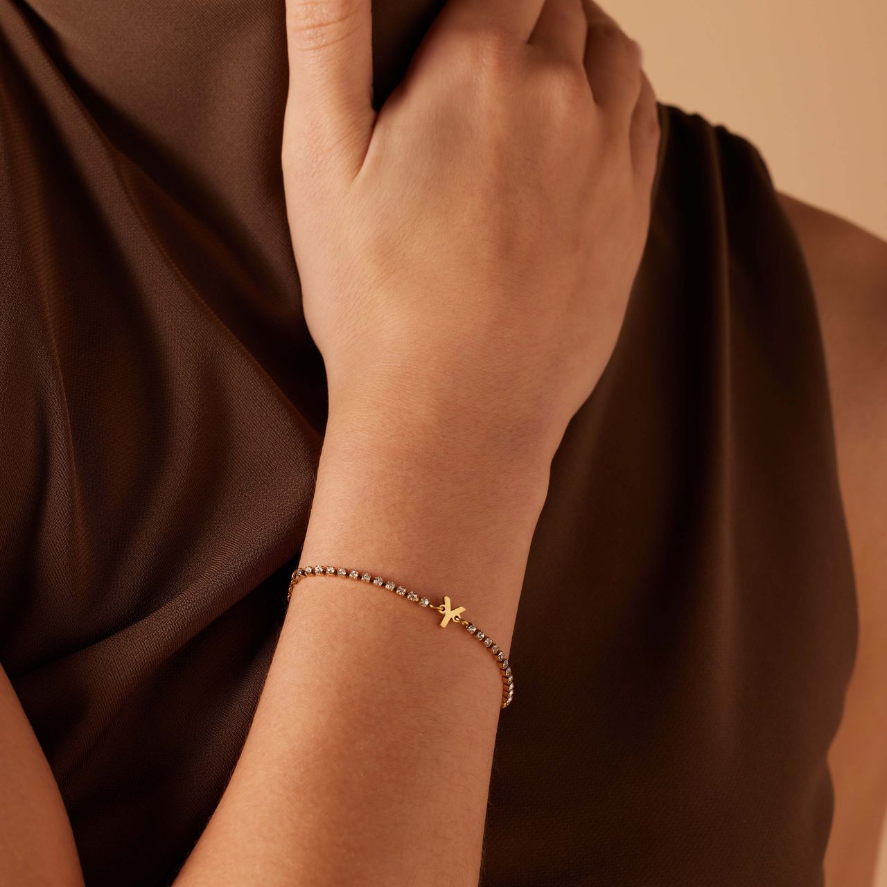 Stainless steel goldplated fantasiearmband met letterhanger Y met zirkonia voor dames