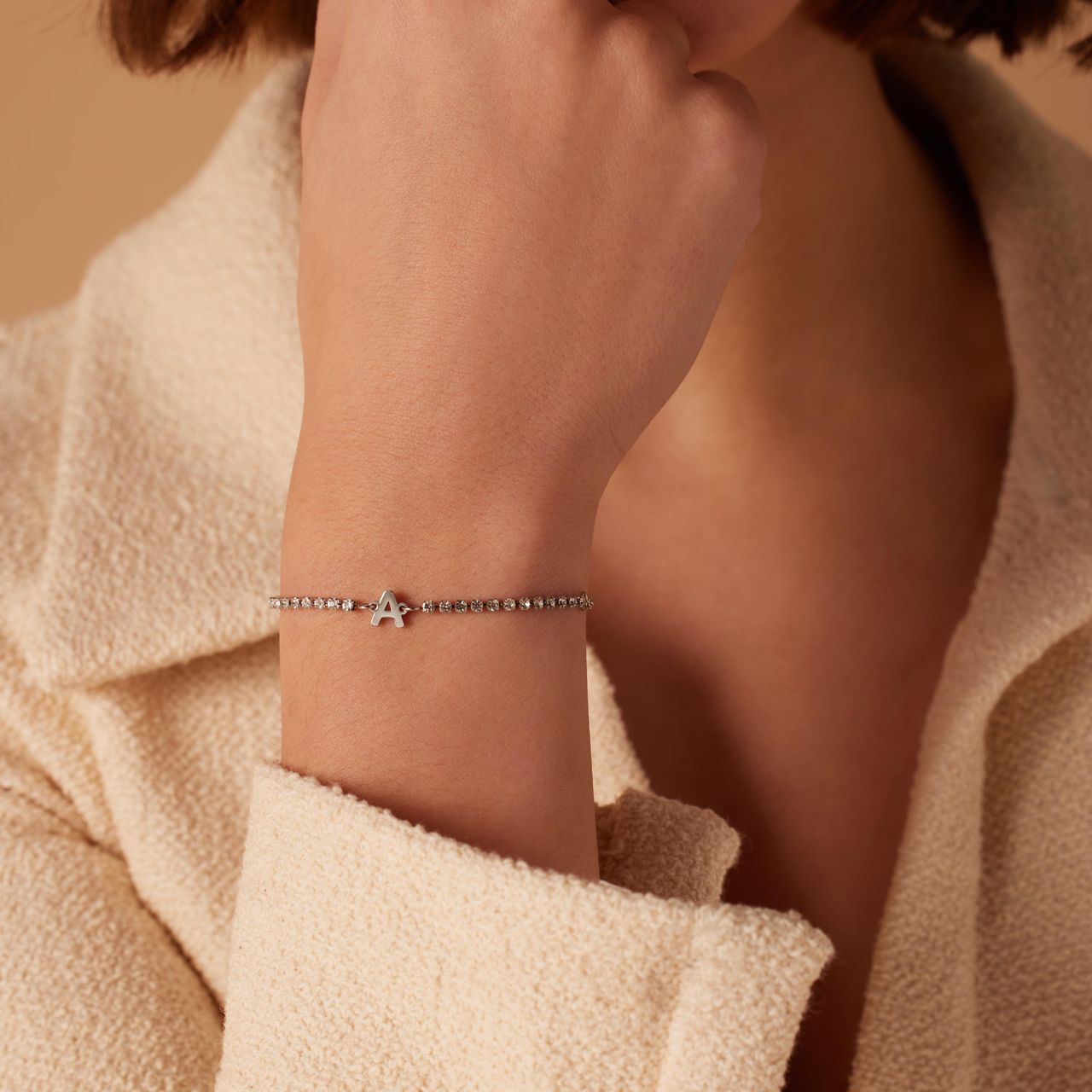 Tennisarmband aus Edelstahl, mit weißem kubischem Zirkonia, Buchstabe: A