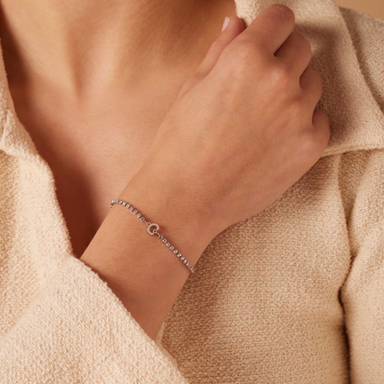 Stalen tennis armband wit cz letter - C