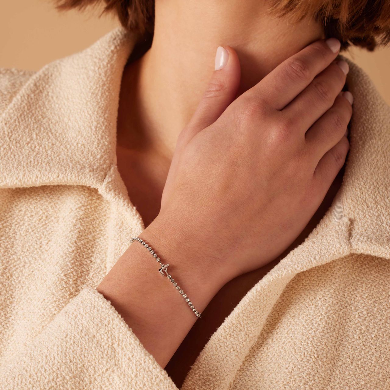 Tennisarmband aus Edelstahl, mit weißem kubischem Zirkonia, Buchstabe: L