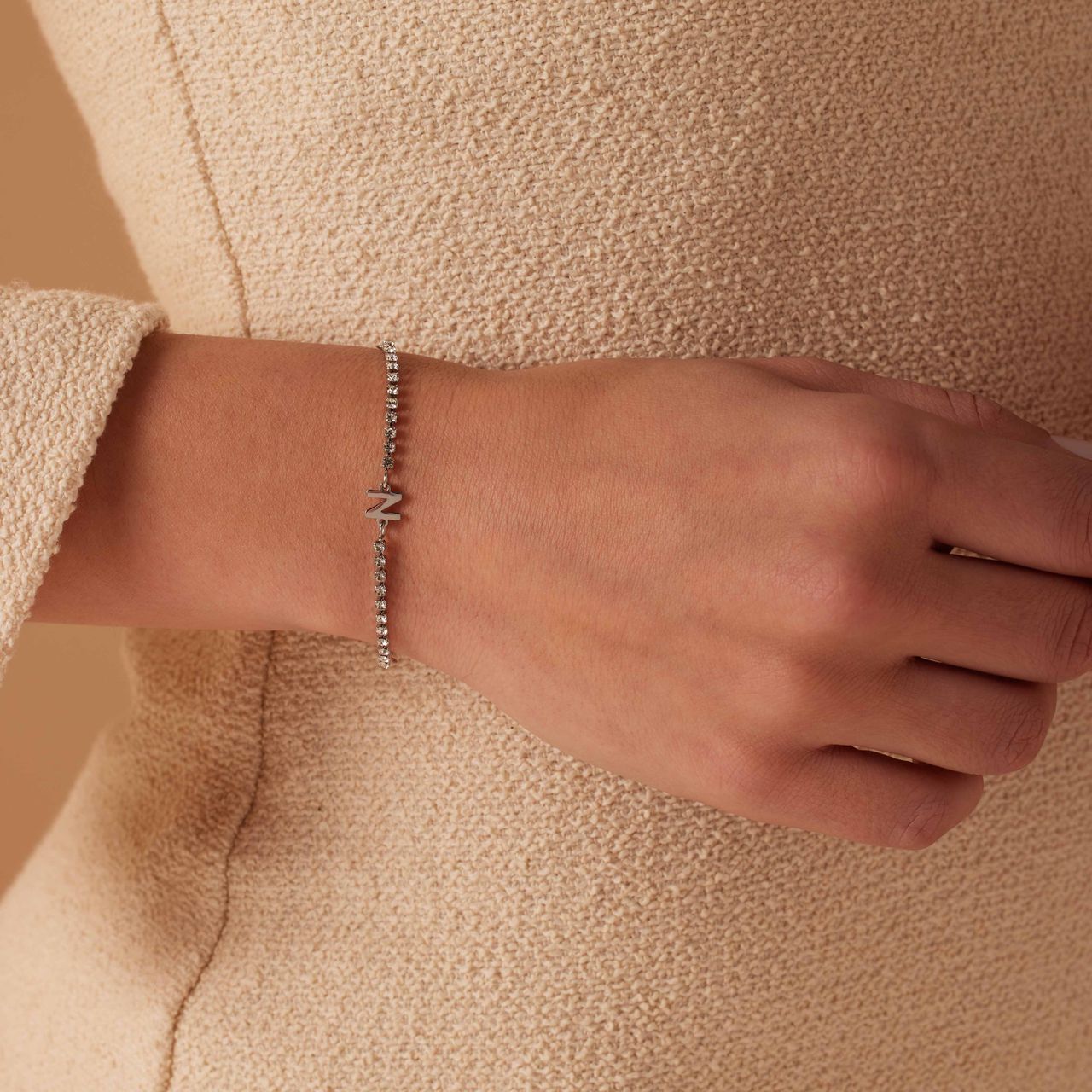 Tennisarmband aus Edelstahl, mit weißem kubischem Zirkonia, Buchstabe: N