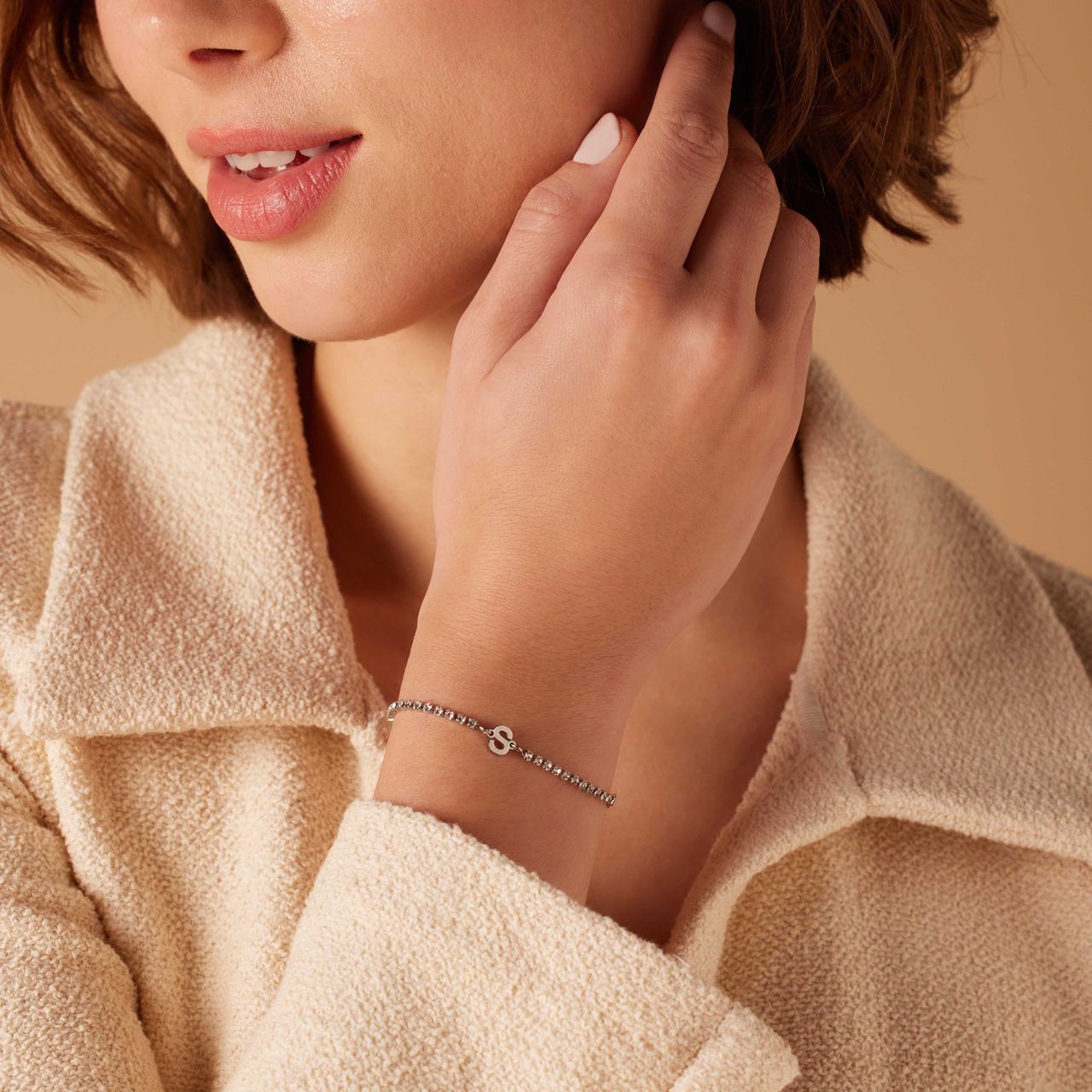 Stalen tennis armband wit cz letter - S