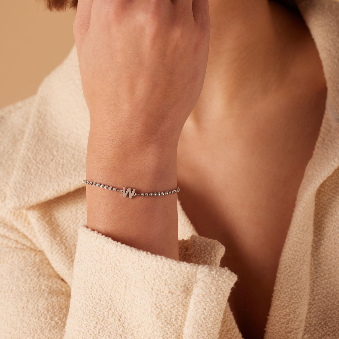 Tennisarmband aus Edelstahl, mit weißem kubischem Zirkonia, Buchstabe: W