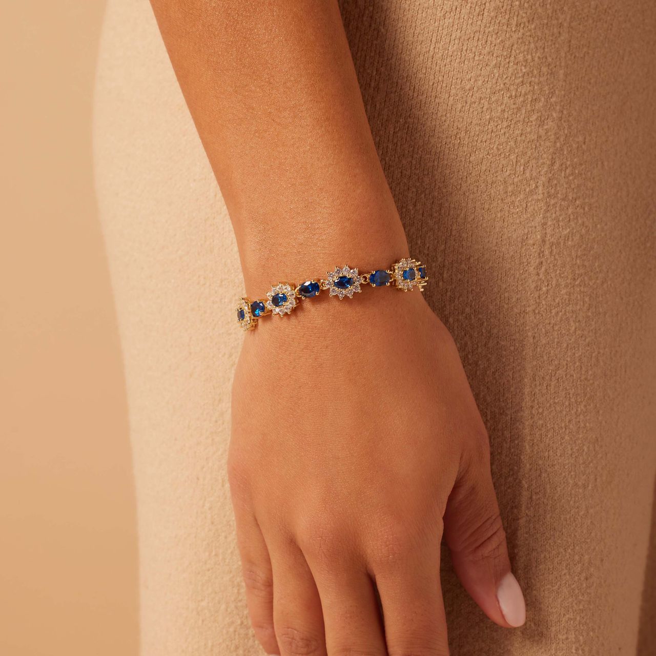 Silberarmband Zirkonia blau, vergoldet