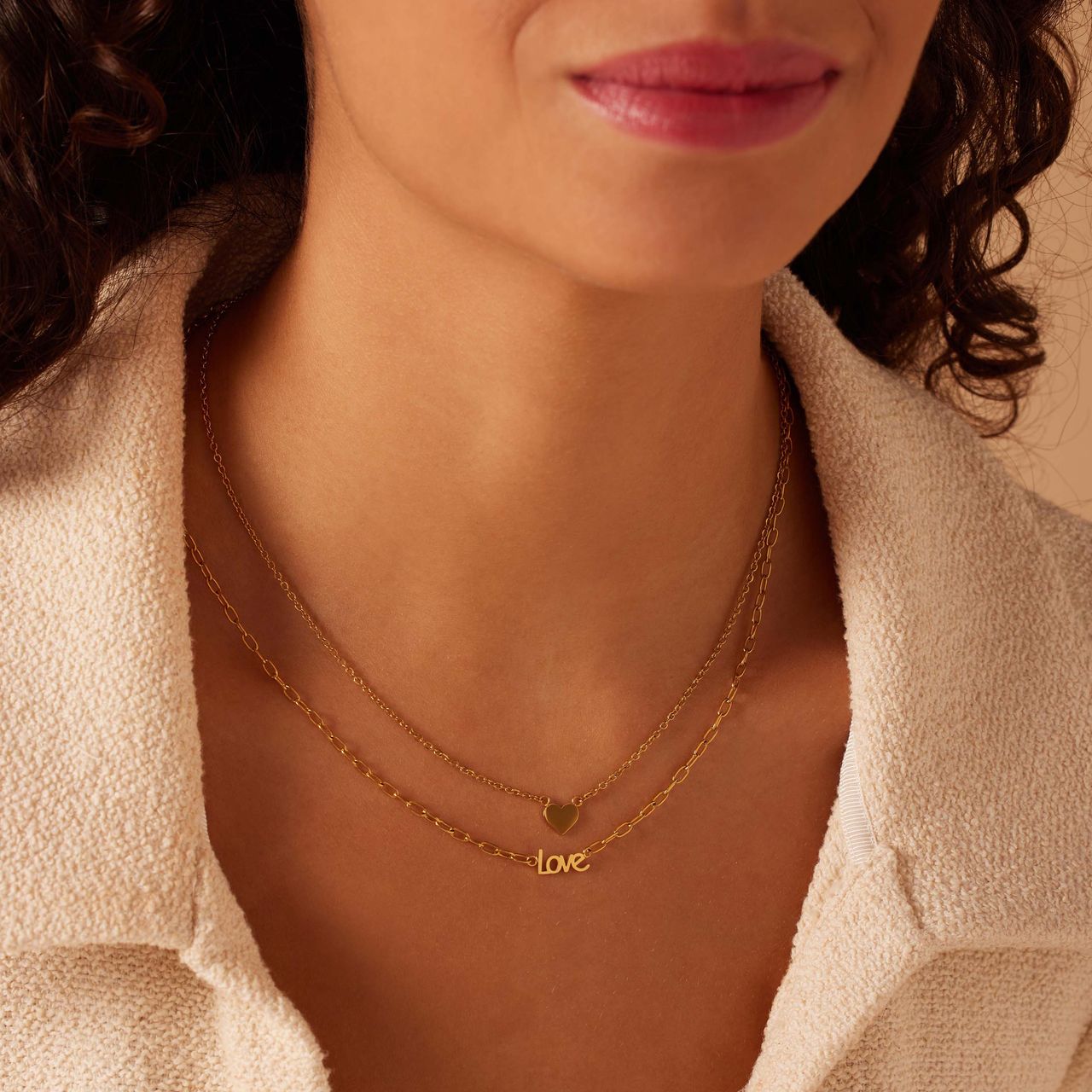 Stalen goldplated dubbele ketting met hanger hart en love voor dames