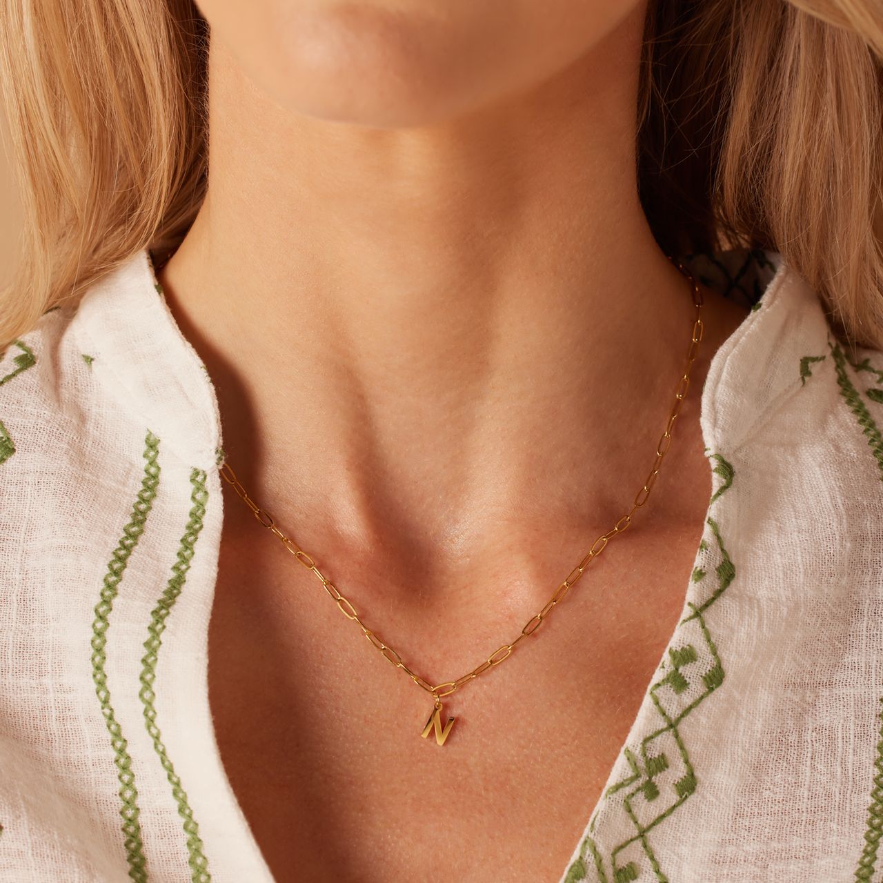 Stalen goldplated ketting met hanger letter N voor dames