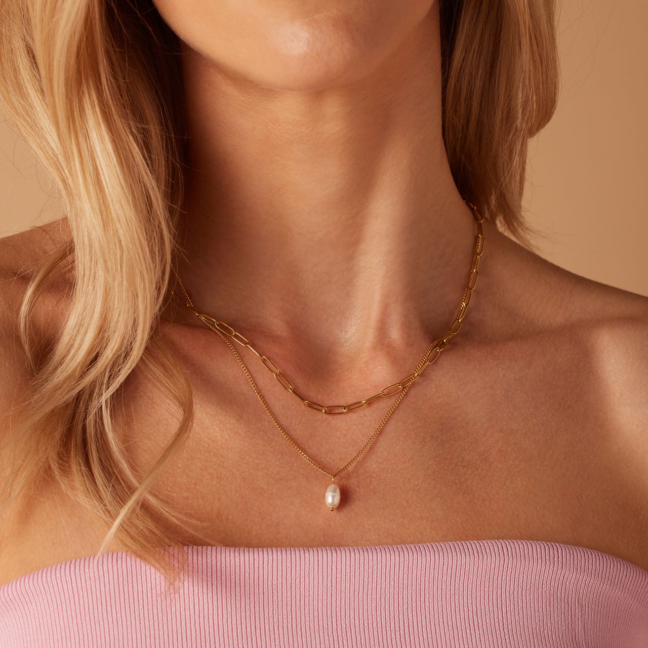 Stainless steel goldplated dubbele ketting met hanger met parel voor dames