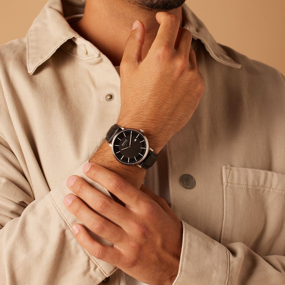 Bering horloge met leren band zwart 15439-402