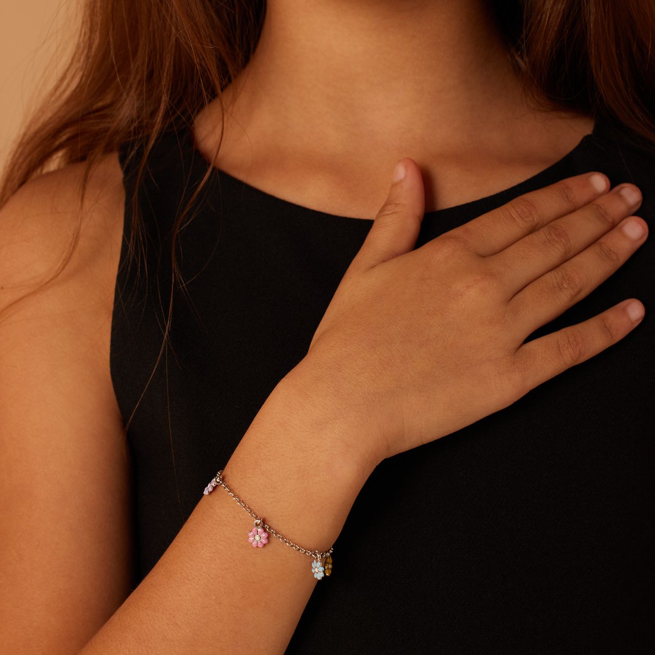 Armband für Kinder aus 925er Silber, Charm-Anhänger, Blume, Emaille