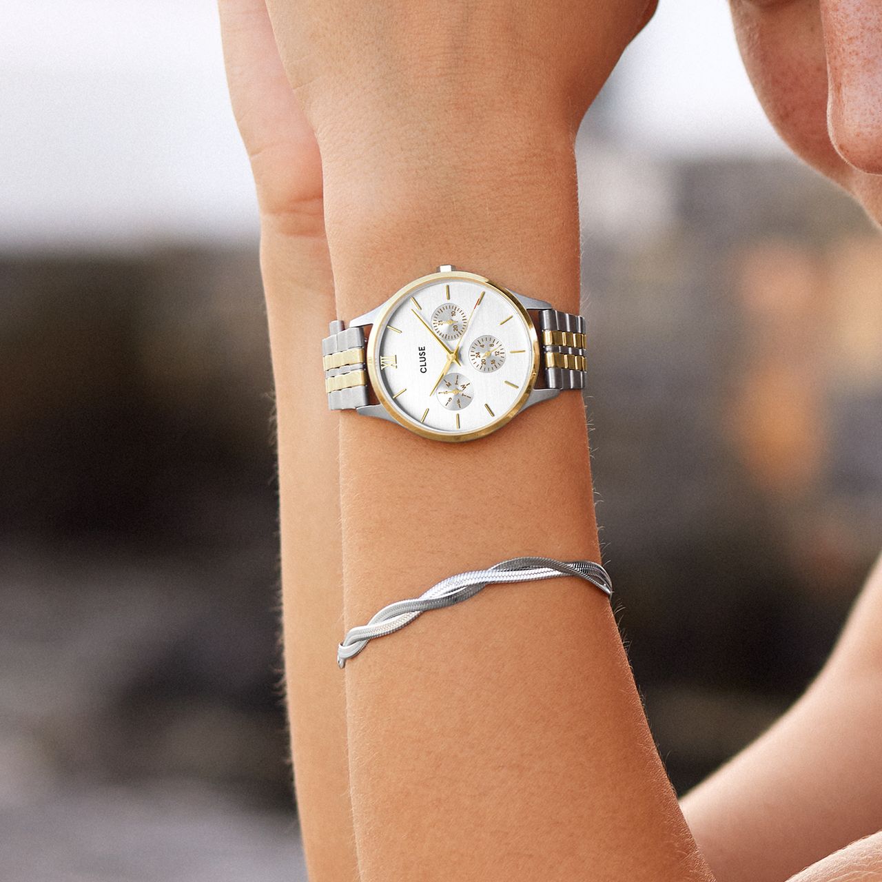 CLUSE - Minuit multifunction stainless steel horloge bicolor