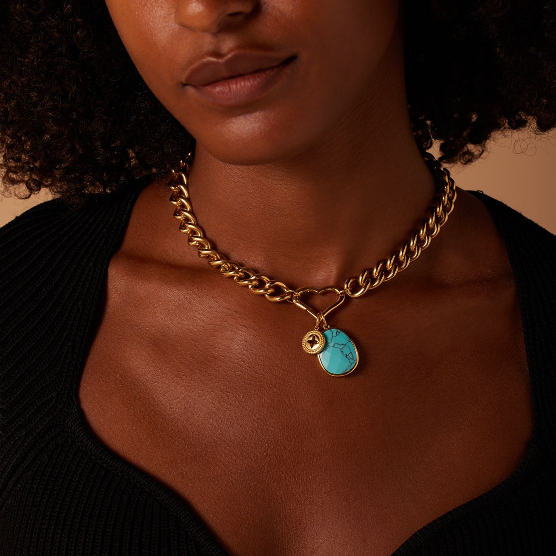 Stainless steel goldplated hanger met turquoise voor dames