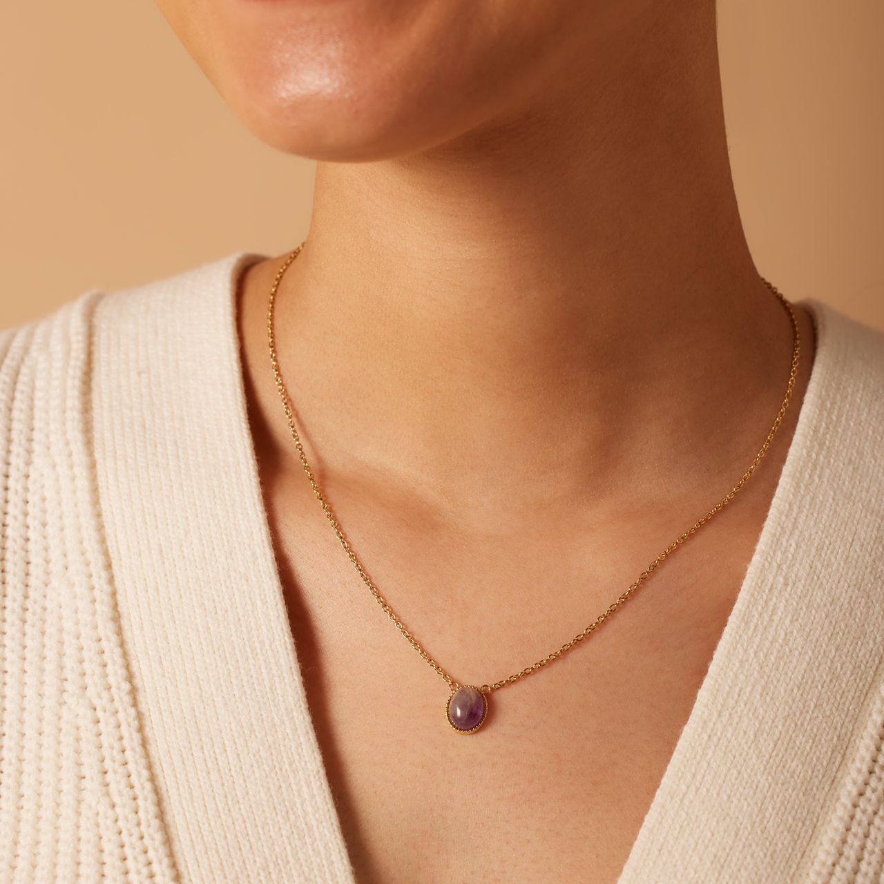 Halskette aus Edelstahl, vergoldet, mit Amethyst