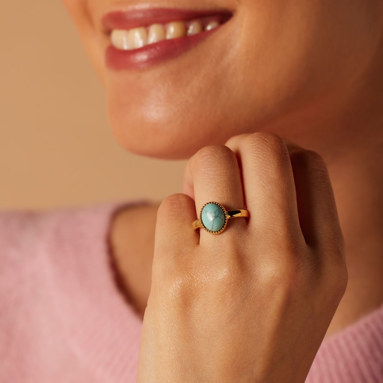 Stalen goldplated ring met turquoise voor dames