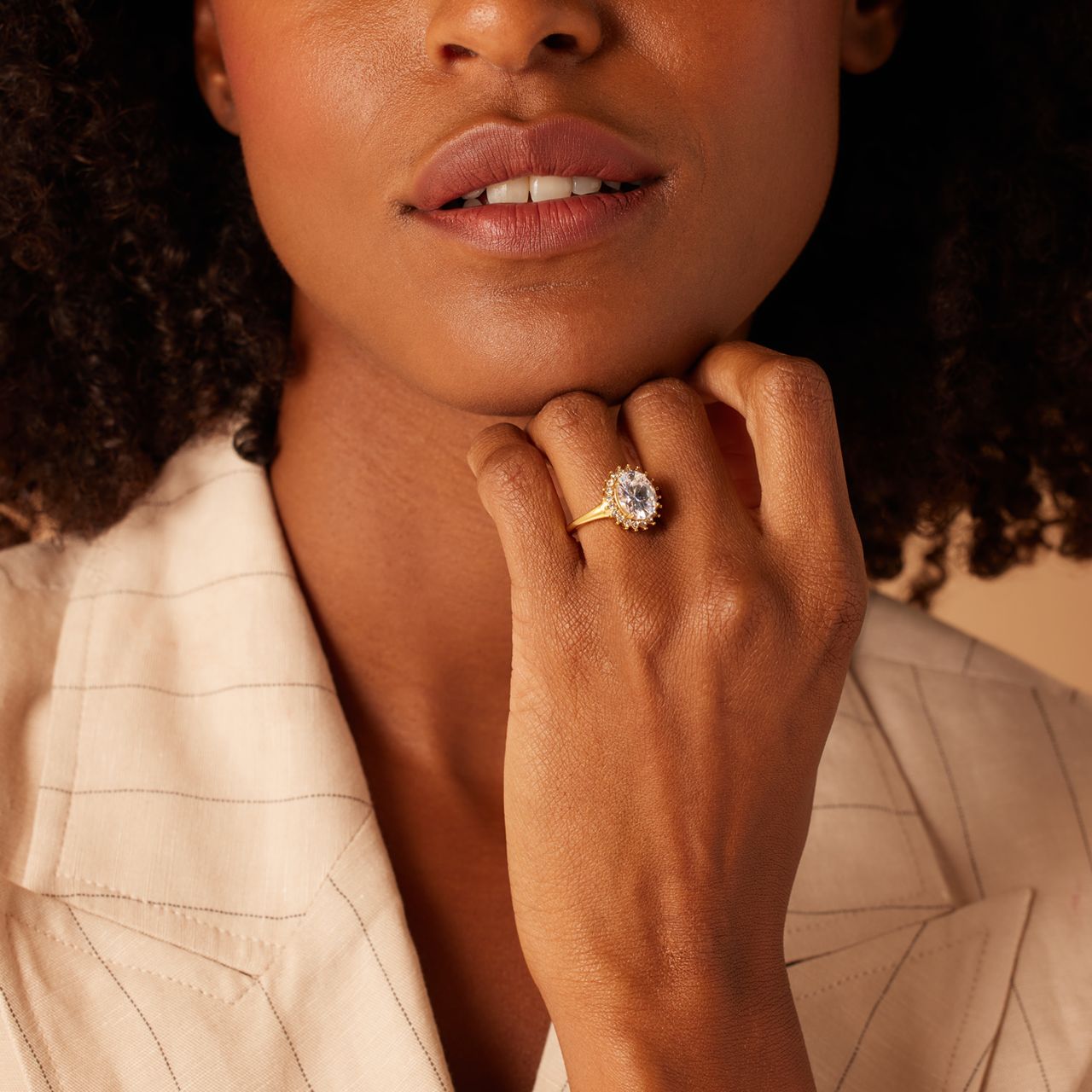 Stalen goldplated vintage ring met wit zirkonia