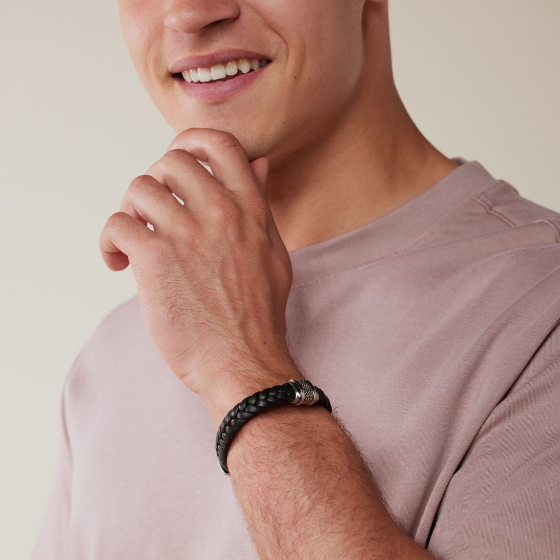 Stainless steel herenarmband gevlochten leer zwart