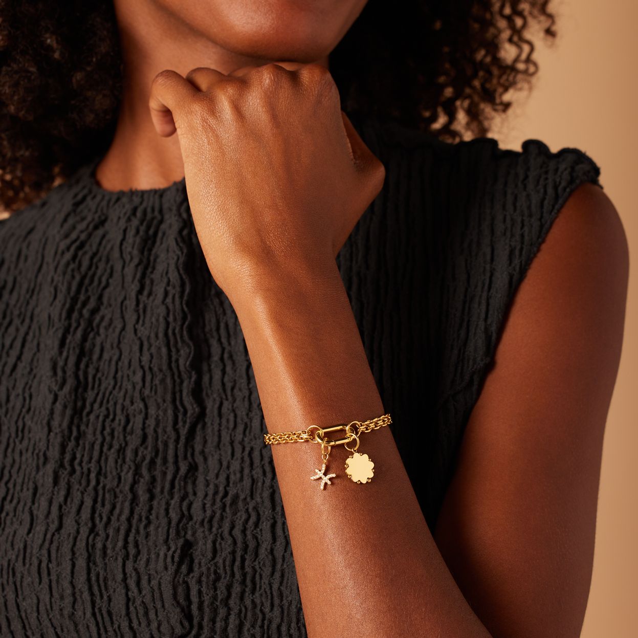 Bettelarmband aus Edelstahl, vergoldet, mit flachem Glied, doppelreihig