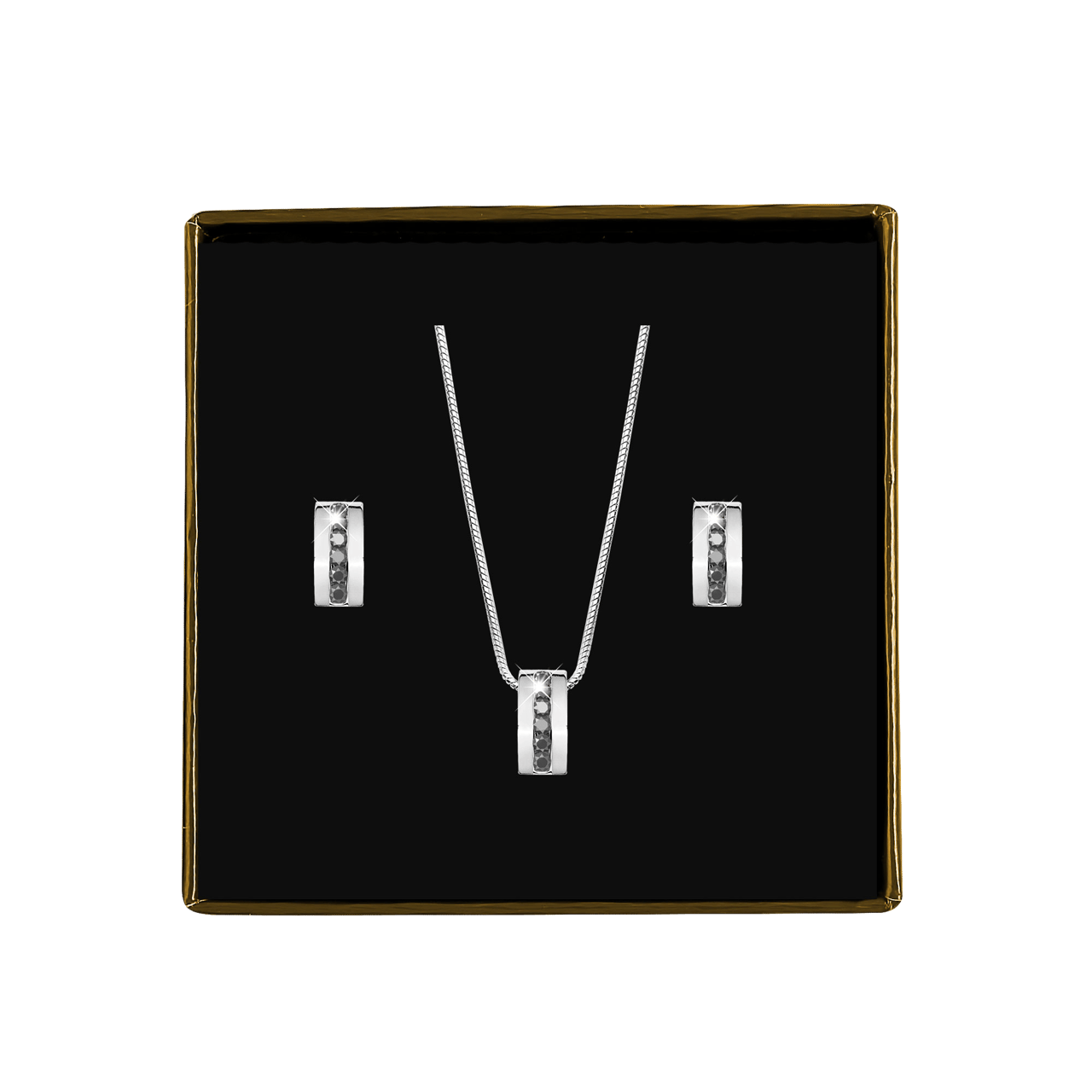 Gerecycleerd stalen set ketting&oorbellen zwarte zirkonia