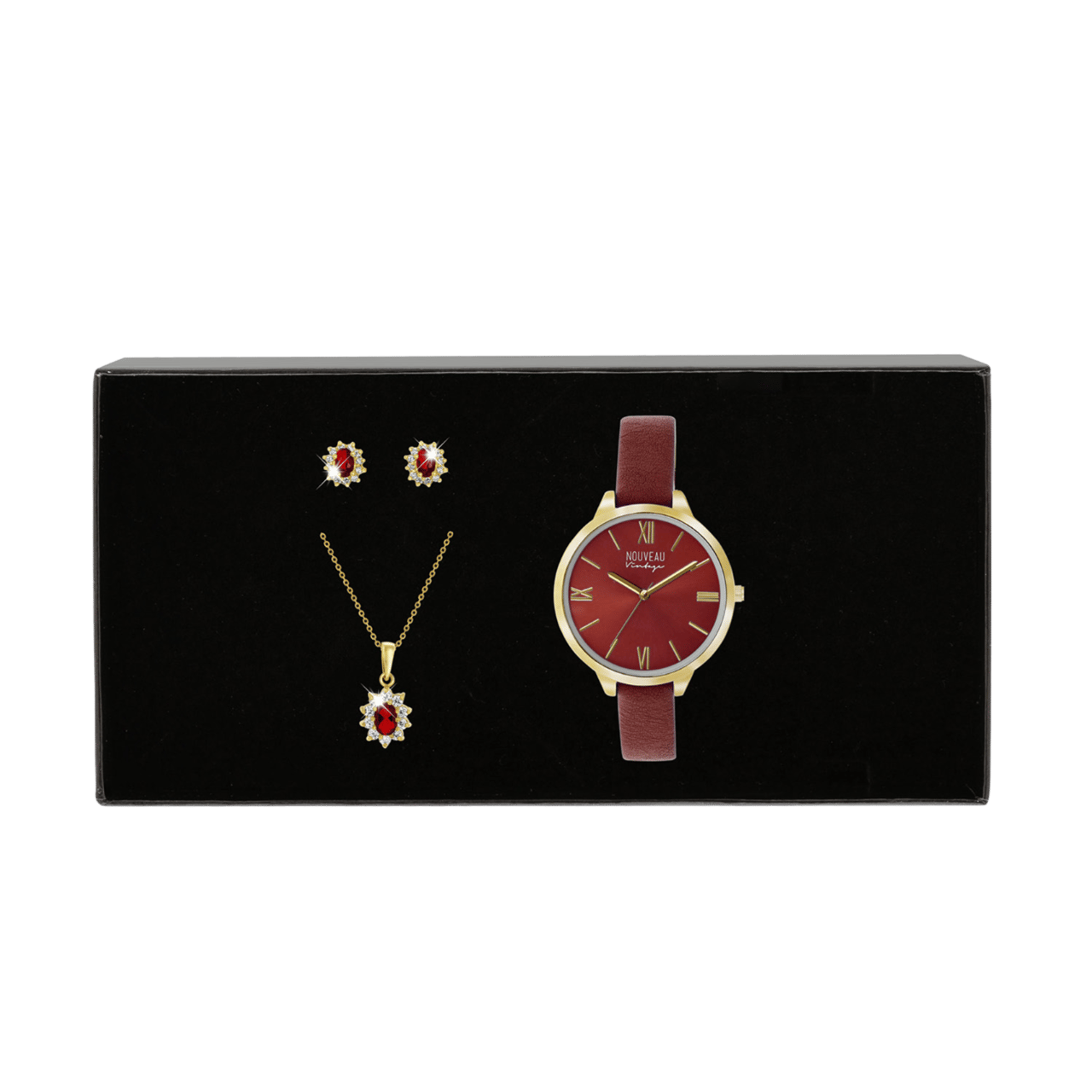 Silverplated Cadeauset met Horloge Analoog Rood HSET NV-RUBY-SET met zirkonia voor dames