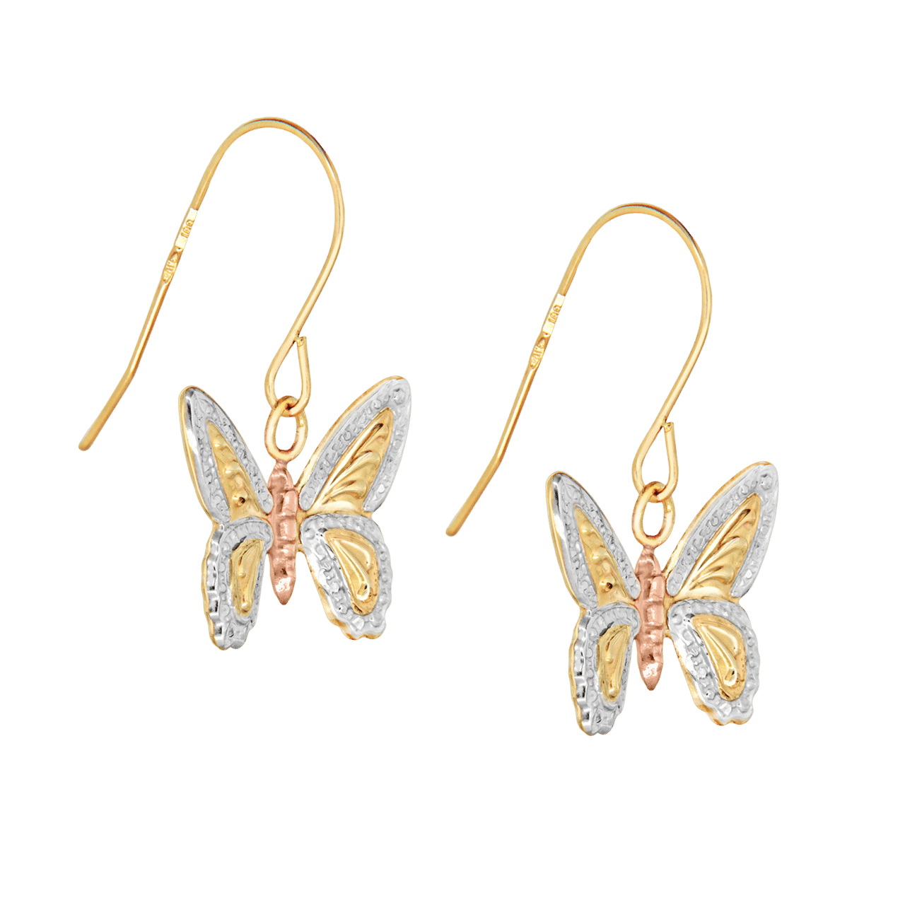 Dreifarbige 375 Gold Ohrringe mit Schmetterling