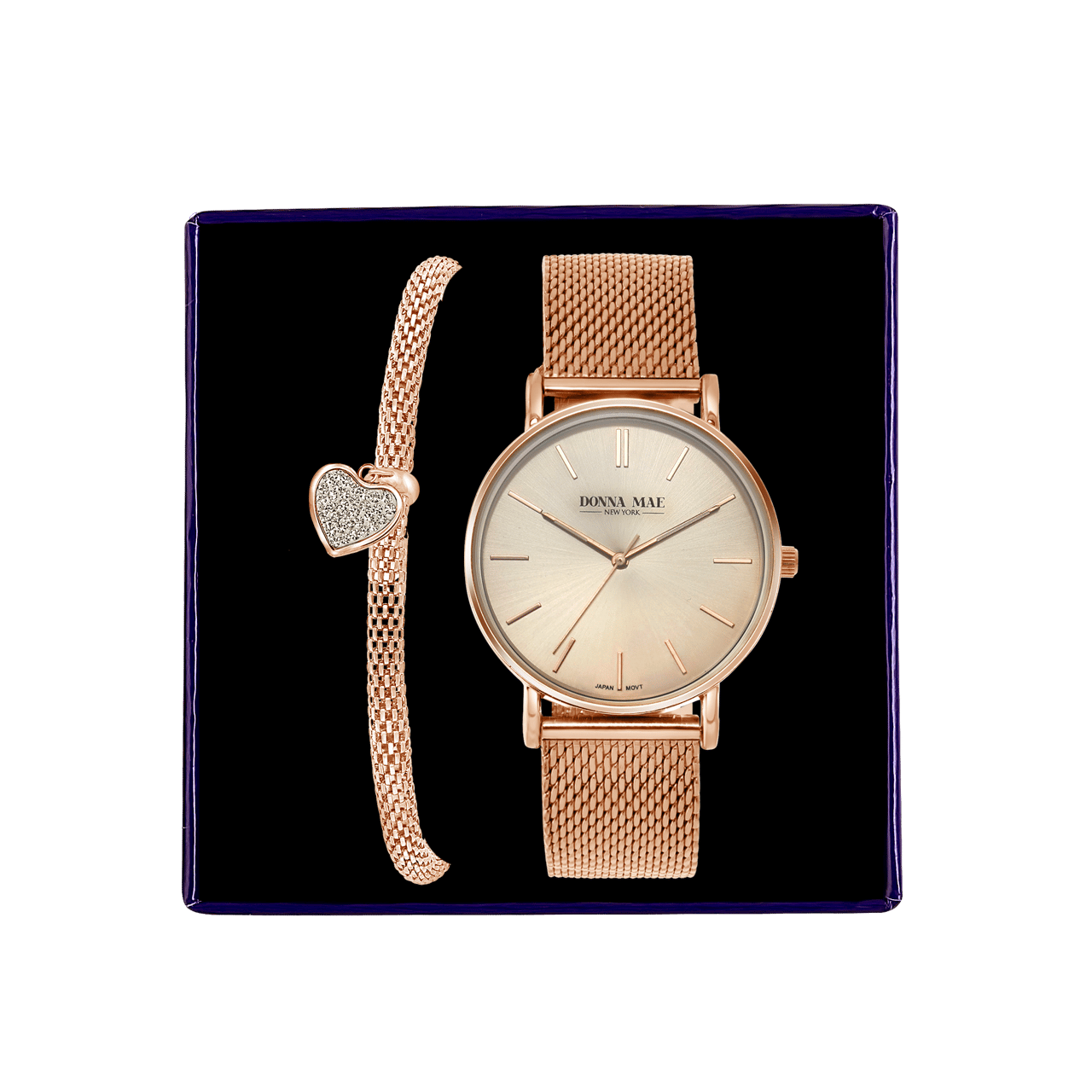 Stainless steel roséplated cadeauset met horloge met kristal voor dames