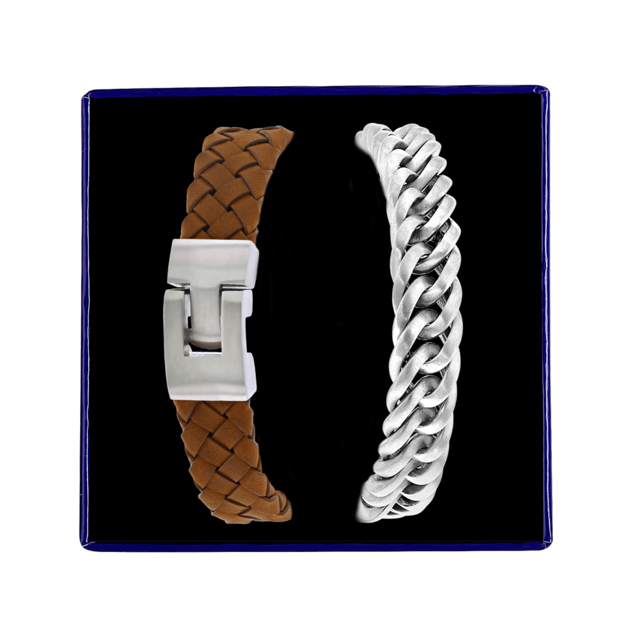 Stainless steel set met licht bruin leer