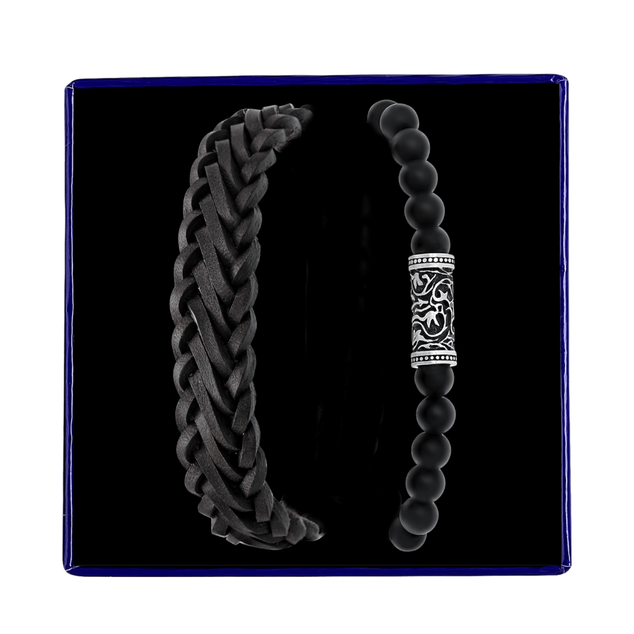 Stainless steel set met zwart leer&agate