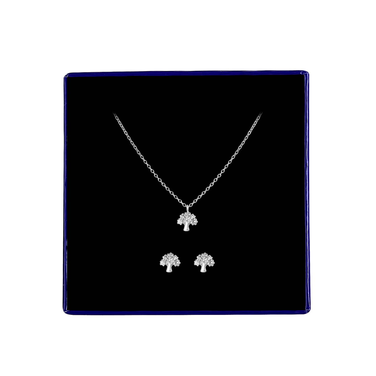 Zilveren set ketting&oorbellen levensboom kristal