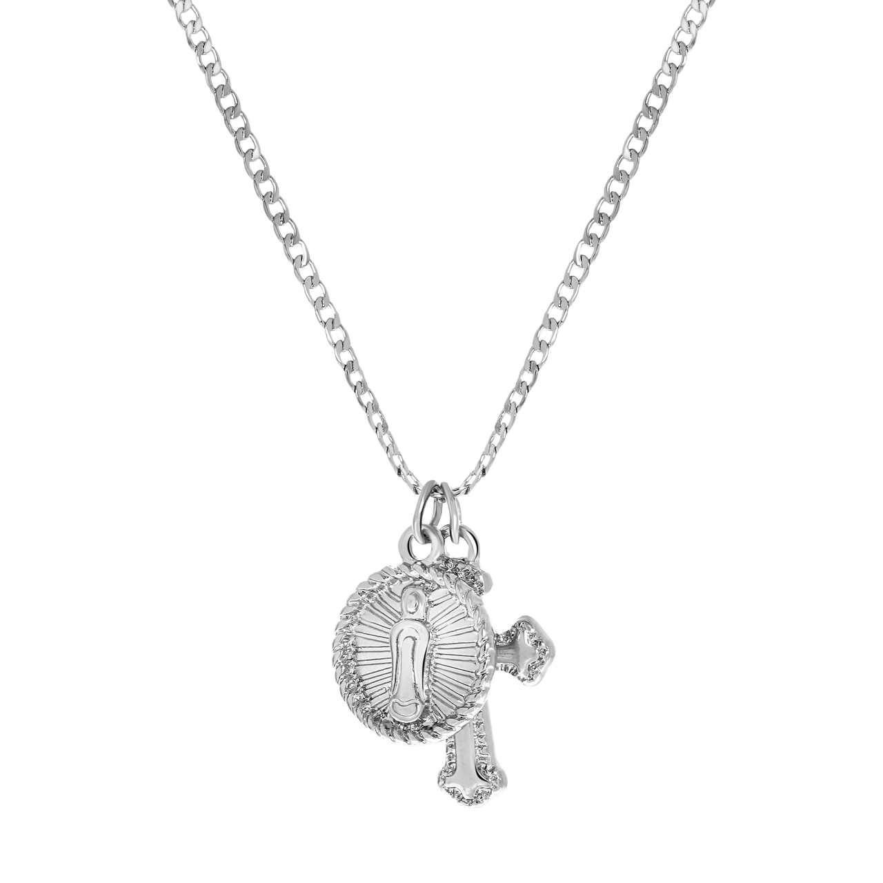 Bijoux zilverkleurige ketting met hanger met kruis en munt voor dames
