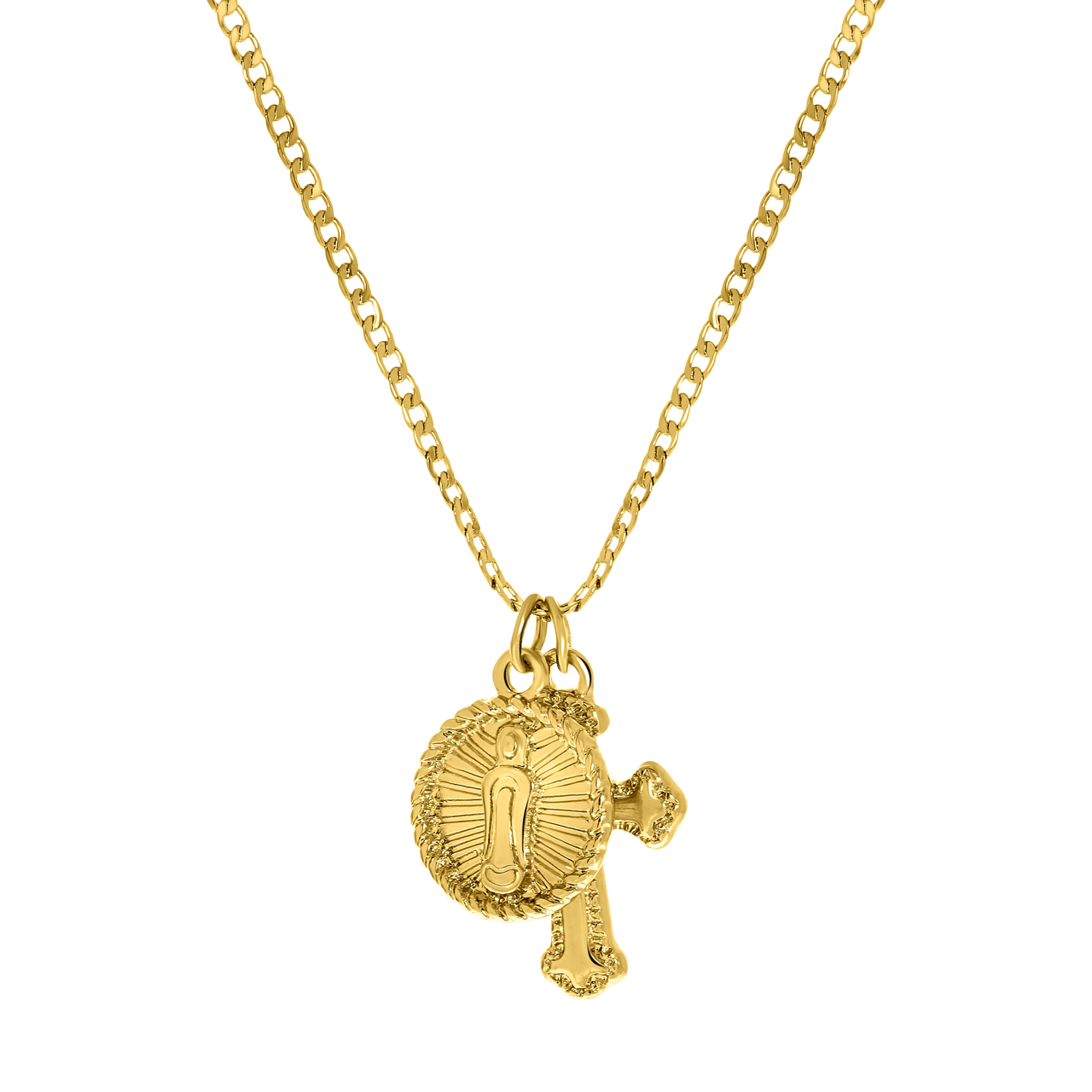 Bijoux goudkleurige ketting met hanger met kruis en munt voor dames