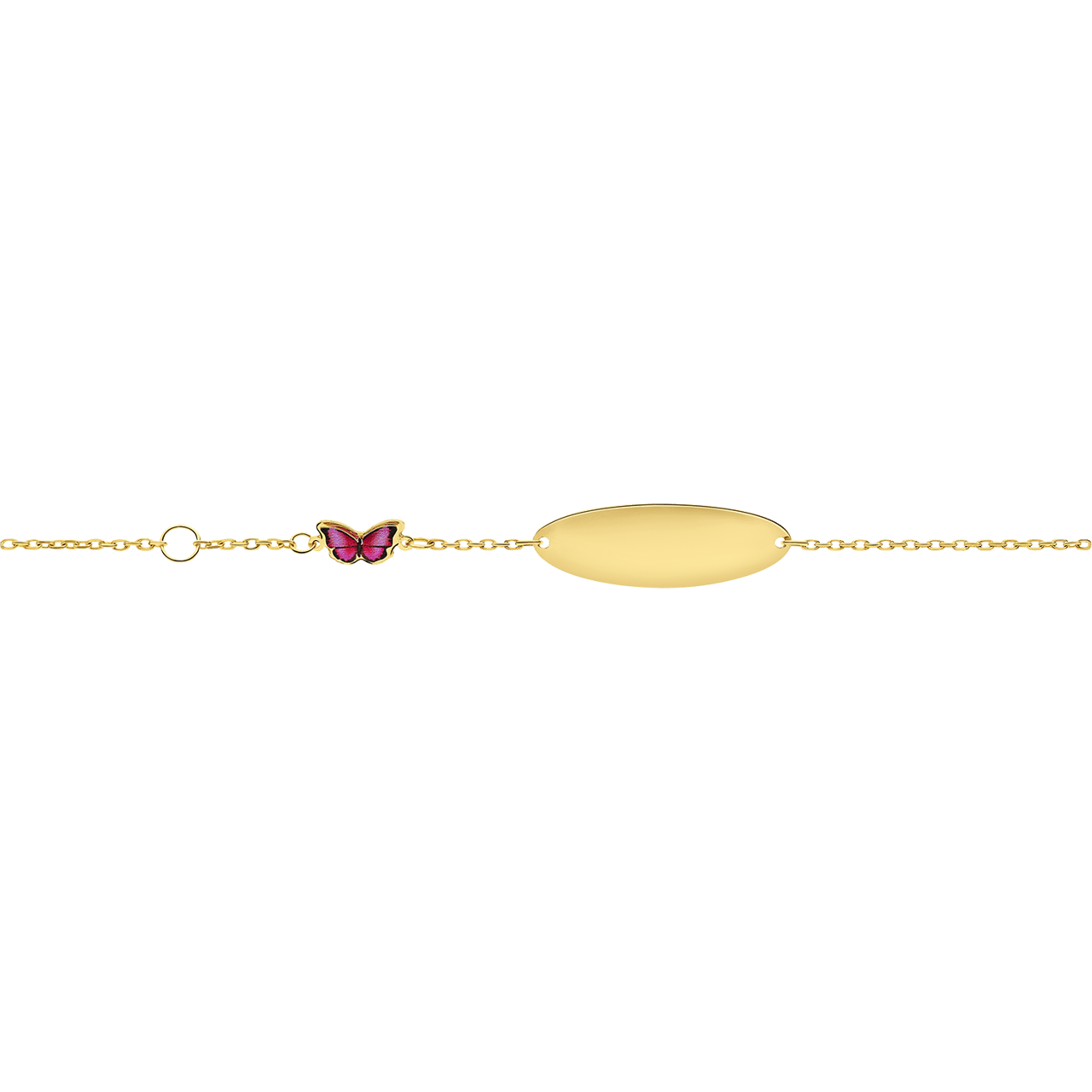 Goldenes Kinderarmband mit Gravurplatte und Schmetterling