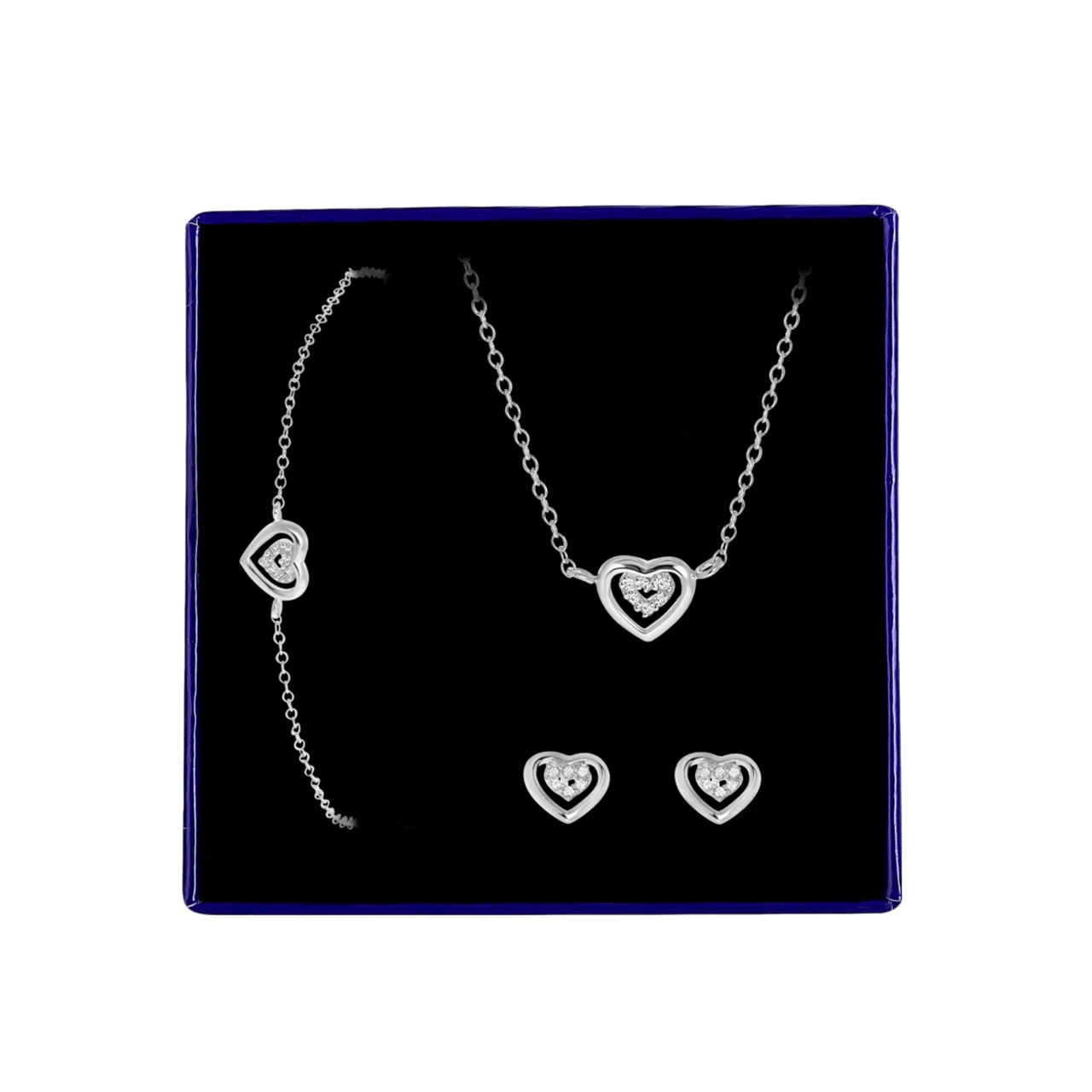 Schmuckset aus Sterlingsilber, Doppelherz mit Zirkonia