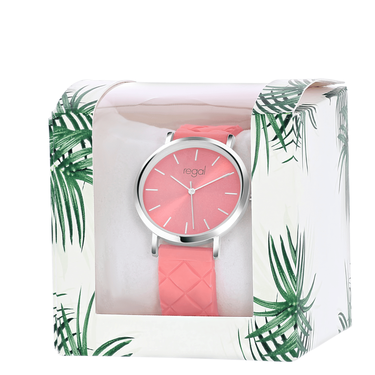 Regal horloge met koraal kleurige rubberen band
