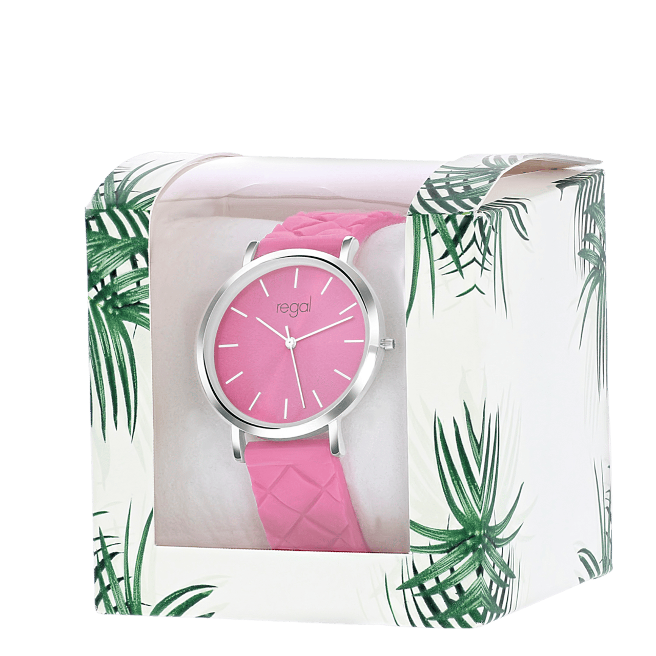 Regal horloge met een roze rubberen band
