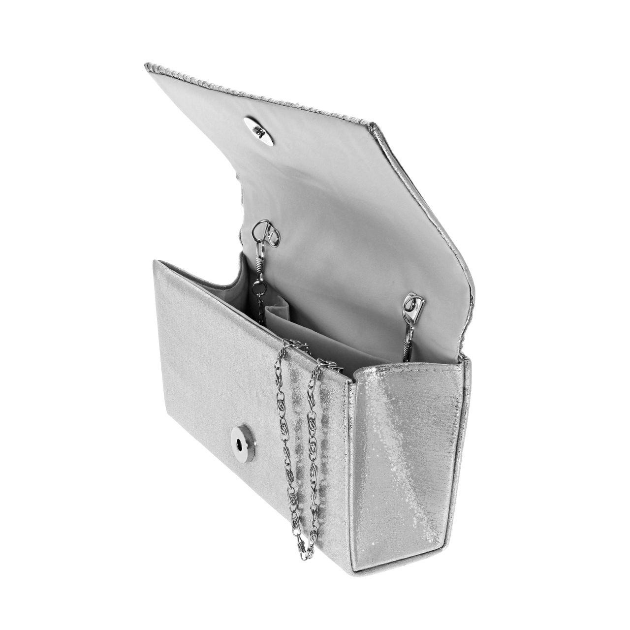 Zilverkleurige metallic clutch met hengsel