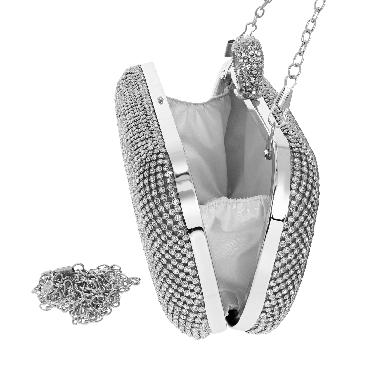 Silberfarbene Clutch mit Glitzersteinchen und Tragekette